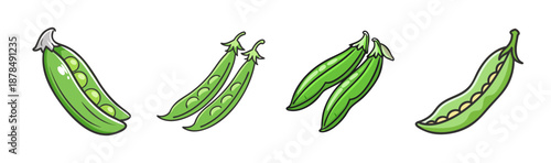 Four hand-drawn green snap pea pods with peas inside and outside.