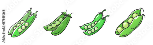 Four hand-drawn green peas in pods, some open showing peas inside.