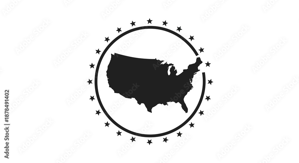 Obraz premium United States Map Silhouette Icon in a Starry Circular Frame – A patriotic graphic symbolizing national identity, unity, and freedom, ideal for American-themed civic, educational, or travel designs