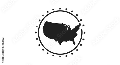 United States Map Silhouette Icon in a Starry Circular Frame – A patriotic graphic symbolizing national identity, unity, and freedom, ideal for American-themed civic, educational, or travel designs