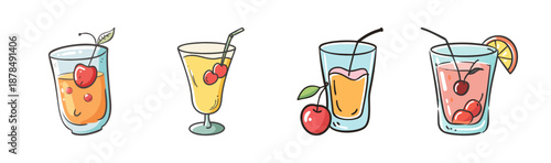 Four colorful hand-drawn cocktails with cherries and straws, isolated on white.