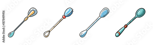 Four unique hand-drawn cocktail stirrers with decorative tops for mixing drinks.