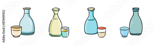Japanese sake bottles and cups in a simple hand-drawn style