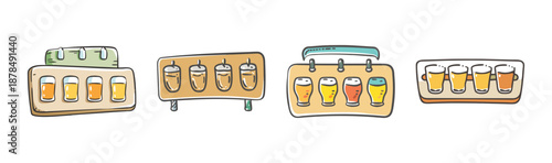 Beer flight board with glasses of various beers, hand-drawn style.