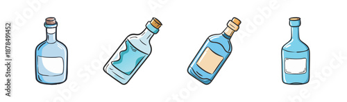 Four clear glass bottles of vodka with corks and labels, isolated.