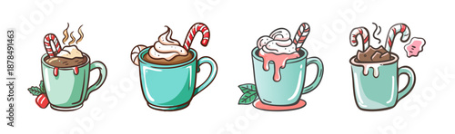 Four cups of peppermint hot chocolate with whipped cream and candy canes