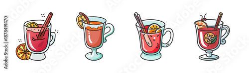 Warm mulled wine in glasses with cinnamon sticks and orange slices, cozy illustration