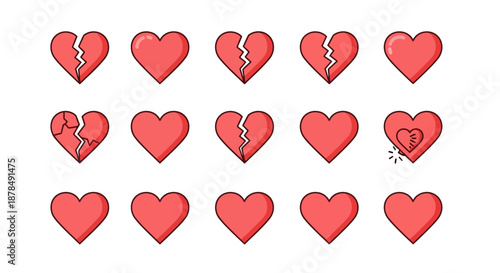 A Diverse Array of Red Heart Illustrations Showcasing the Spectrum of Love and Emotions, Featuring Whole, Broken, and Connected Hearts in a Modern Graphic Style
