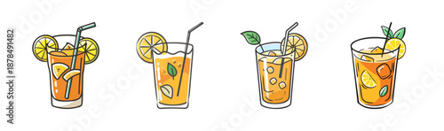 Arnold Palmer drinks with ice, lemon, and mint, vector illustration.