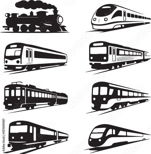 set of train silhouettes in various styles and speeds