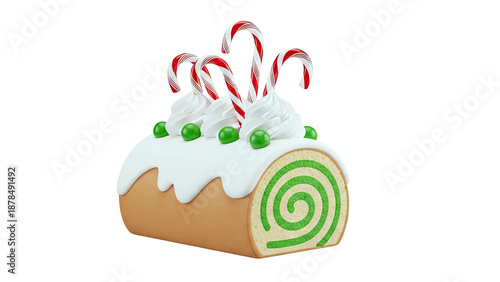 Christmas Yule Log Cake with Candy Canes and Green Swirls