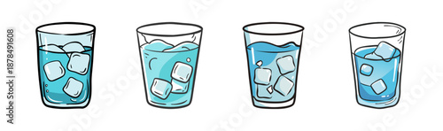 Four glasses of water with ice cubes, hand-drawn artistic style.