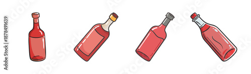 Four red wine bottles, different angles, isolated on white background, vector art