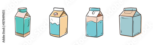Collection of four hand-drawn milk cartons in various colors.