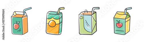 Colorful juice boxes with straws, fun beverage packaging for kids and adults