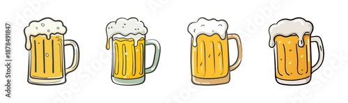 Four frothy mugs of golden beer with overflowing foam, hand-drawn style.