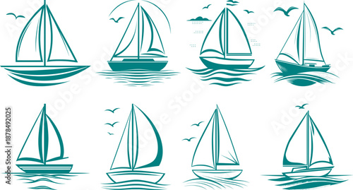 Sailing boat and yacht logo icons set, teal nautical silhouettes with waves and seagulls for marine branding.