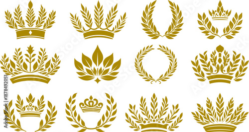 Golden laurel wreaths and wheat crowns set, heraldic design elements for awards and luxury branding.