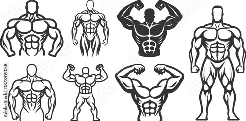 Bodybuilder silhouettes set, muscular man fitness icons for gym logos and bodybuilding sports branding.