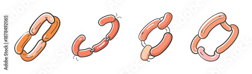 Four cartoon style sausage links in a chain formation on white background