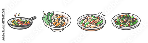 Vibrant stir-fry vegetables and noodles in a pan and bowls