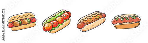 Hand-drawn collection of four different hot dogs and subs.