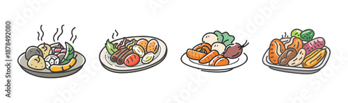 Hand-drawn roasted vegetables and meat on plates, steaming hot food illustration