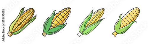 Set of four hand-drawn cartoon corn on the cob illustrations