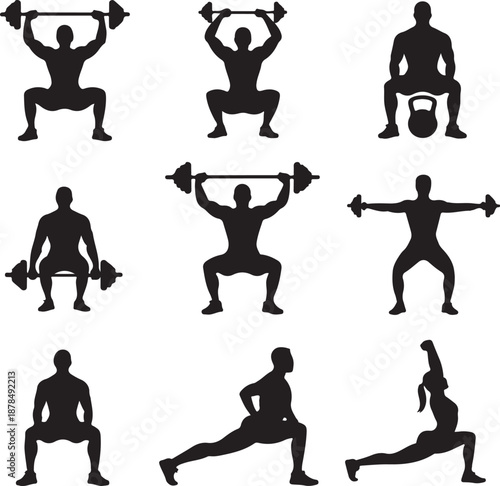 silhouette of people exercising with dumbbells and barbells