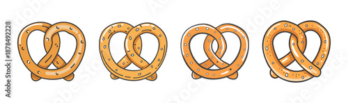 Four cartoon-style pretzels with salt crystals, isolated on white