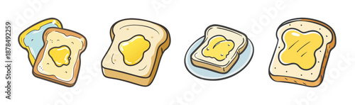 Four slices of buttered toast on white background, breakfast food.