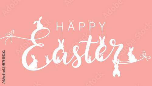 Happy Easter greeting with cute bunnies silhouette on pink background, festive design
