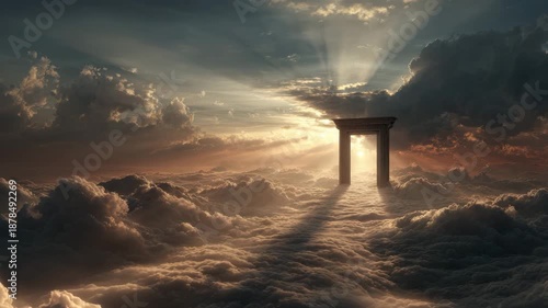 Golden sunlight pours through ancient stone doorway and gateway above sea of golden clouds at sunrise, sunbeams streaming through arch into dramatic cloudscape sky, evoking serene heavenly atmosphere
