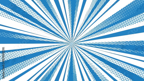 Blue Radial Burst Background with Halftone Dots and Grunge Texture