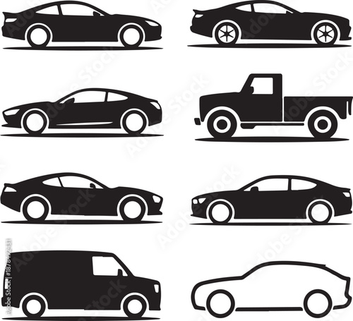 Silhouette of various cars and a van on white background