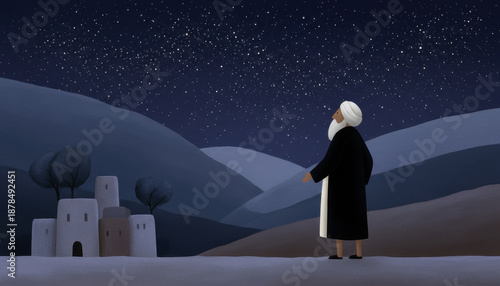 Abraham looks up at the stars, receiving God's promise of countless descendants. A biblical illustration of the covenant from Genesis 15:5.
