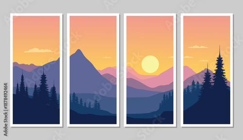 Vibrant mountain landscape with sunset and trees in four panel art