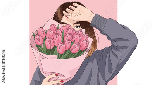 Young Woman Holding Pink Tulips, Peeking Through Flowers, Spring Mood