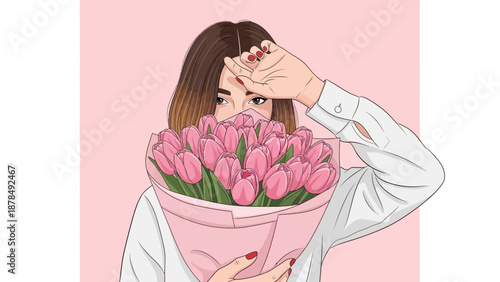 Young Woman Holding a Bouquet of Pink Tulips, Peeking Over Flowers