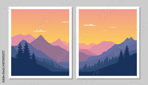 Sunset over majestic mountain range with silhouetted trees
