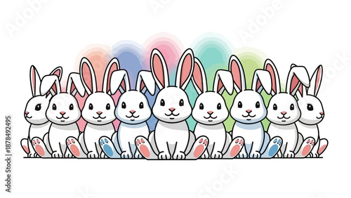 Adorable group of fluffy white bunnies sitting together with colorful pastel backgrounds