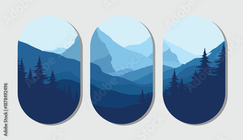 Serene mountain landscape with pine trees in blue hues