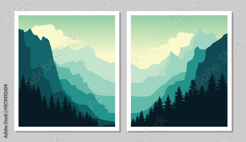 Serene mountain landscapes with pine trees and misty clouds