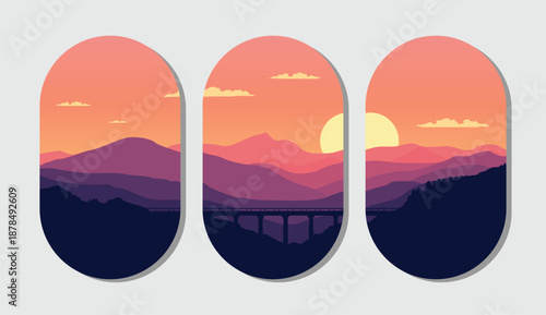 Vibrant mountain sunset landscape with bridge and rolling hills