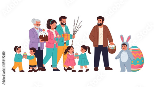 Happy Family Celebrating Easter Together With Eggs and Traditional Cake