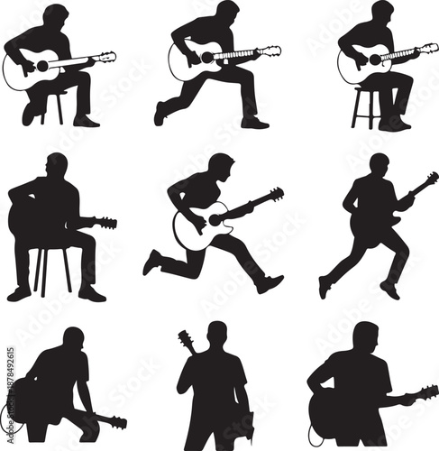 Silhouettes of men playing guitars in various poses and positions