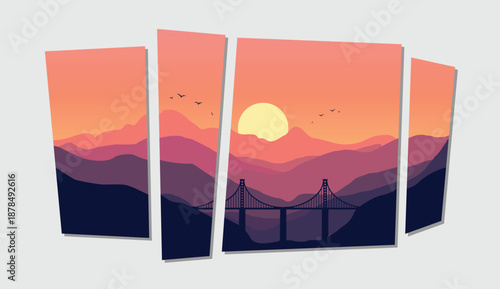 Vibrant sunset over mountains with iconic bridge at dusk