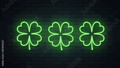 Three Green Neon Clover Symbols Glowing on a Dark Brick Wall Background