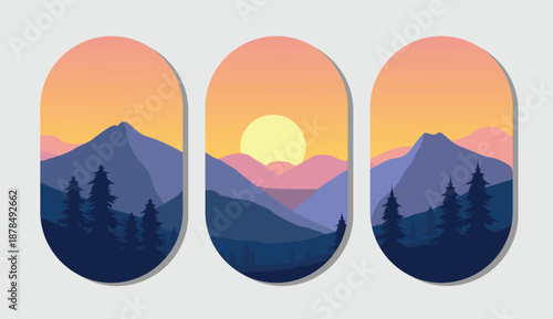 Vibrant mountain landscape at sunset with silhouetted trees