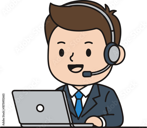 Customer Service Support Man Help Desk Online Business Concept, Flat Cartoon Illustration Style